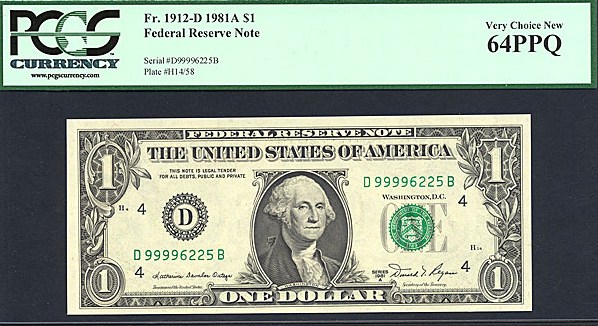 image for: Fr.1912D 1981A $1  PCGS Choice CU64 PPQ [D99996225B]