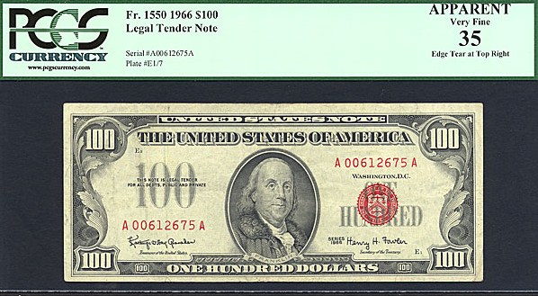image for: Fr.1550 1966 $100 Red Seal PCGS Apparent VF35  [A00612675A] (Edge Tear at Top Right)