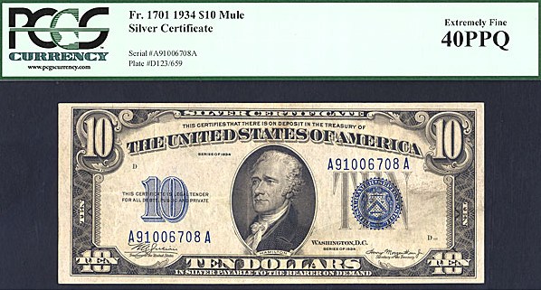 image for: Fr.1701 1934 $10 Blue Seal and Serial Numbers PCGS XF40 PPQ [A91006708A]