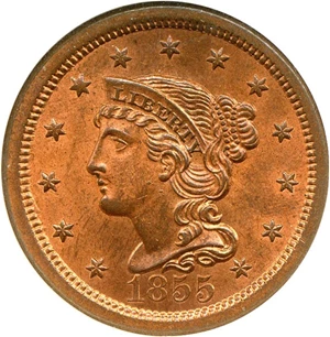 image for: 1855 1c NGC/CAC MS64 RB (Upright 55)