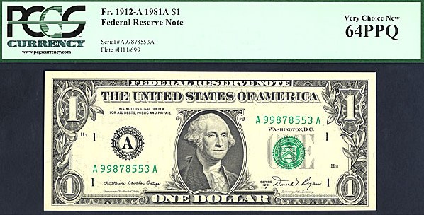 image for: Fr.1912A 1981A $1  PCGS Choice CU64 PPQ [A99878553A]