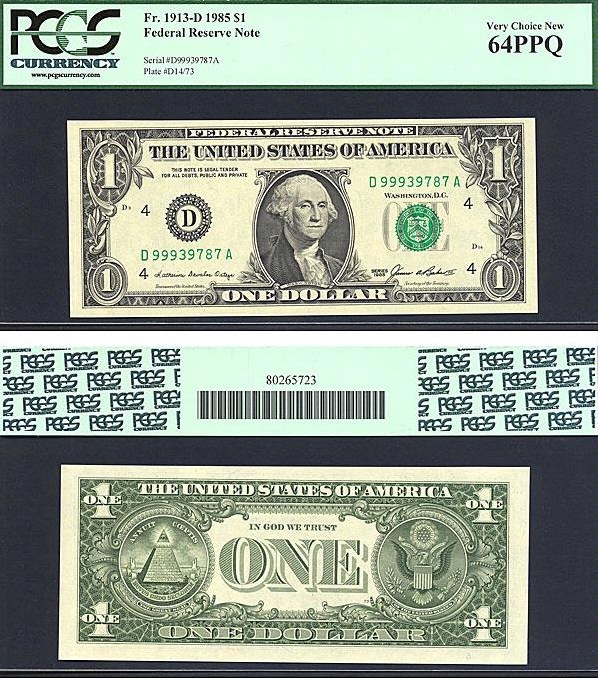 image for: Fr.1913D 1985 $1  PCGS Choice CU64 PPQ  [D99939787A]