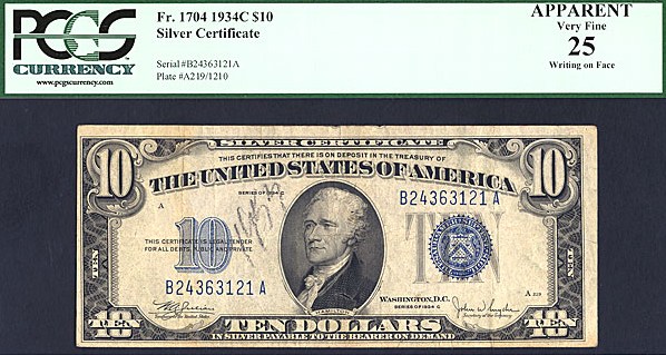 image for: 1934C $10  PCGS Apparent VF25 (Fr.1704, Writing on Face)