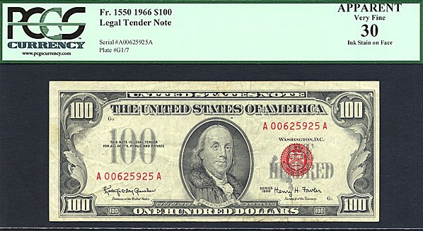 image for: Fr.1550 1966 $100 Red Seal PCGS Apparent VF30  [A00625925A] (Ink Stain on Face)