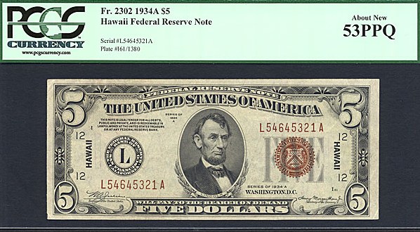 image for: Fr.2302 1934A $5 Hawaiian PCGS AU53 PPQ [L54645321A]