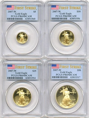 image for: 2007-W First Strike Set PCGS Proof 69 DCameo (Gold Eagle Set (4 coins: $5, $10, $25, $50) )
