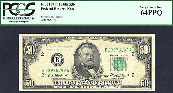 image for: 1950B $50  PCGS Choice CU64 PPQ [B23976392A] (Fr.2109B)