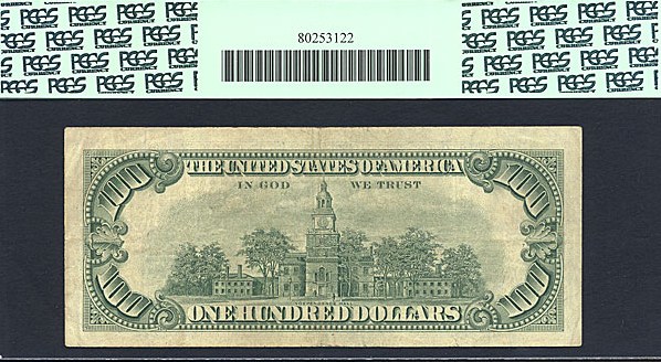 image for: Fr.1550 1966 $100 Red Seal PCGS Apparent VF35  [A00612675A] (Edge Tear at Top Right)