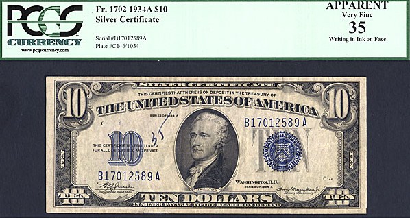 image for: Fr.1702 1934A $10 with blue seal and serial numbers. PCGS Apparent VF35  [B17012589A]