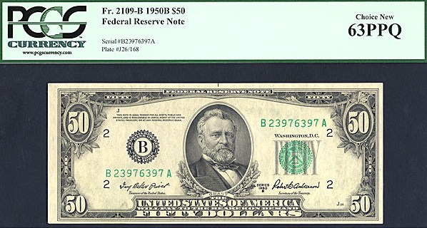 image for: 1950B $50  PCGS Choice CU63 PPQ [B23976397A] (Fr.2109B)