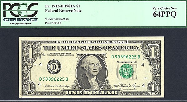 image for: Fr.1912D 1981A $1  PCGS Choice CU64 PPQ [D99896225B]