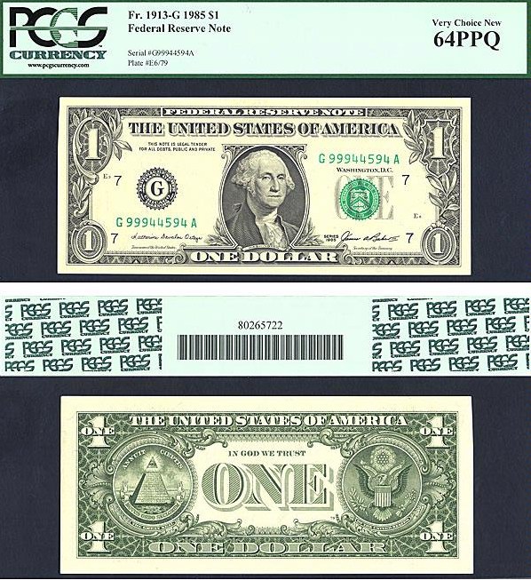 image for: Fr.1913G 1985 $1  PCGS Choice CU64 PPQ [G99944594A]