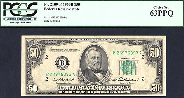 image for: Fr.2109B 1950B $50  PCGS Choice CU63 PPQ [B23976393A]