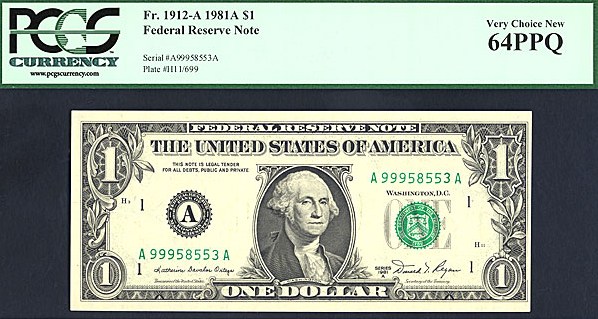 image for: Fr.1912A 1981A $1  PCGS Choice CU64 PPQ [A99958553A]