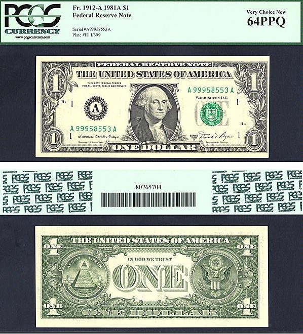 image for: Fr.1912A 1981A $1  PCGS Choice CU64 PPQ [A99958553A]