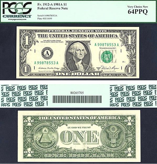 image for: Fr.1912A 1981A $1  PCGS Choice CU64 PPQ [A99878553A]