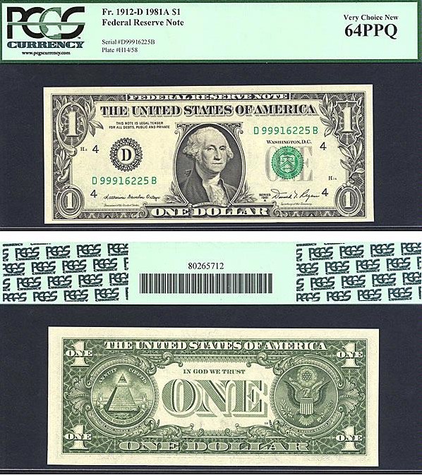 image for: Fr.1912D 1981A $1  PCGS Choice CU64 PPQ [D99916225B]