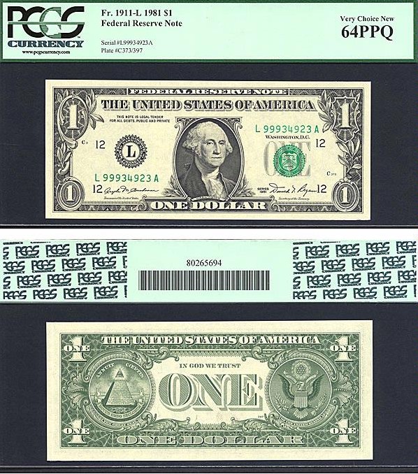 image for: Fr.1911L 1981 $1  PCGS Choice CU64 PPQ  [L99934323A]