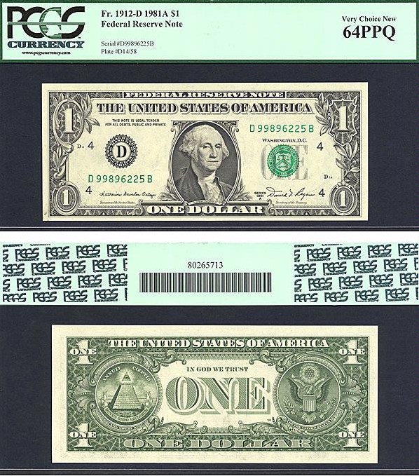 image for: Fr.1912D 1981A $1  PCGS Choice CU64 PPQ [D99896225B]
