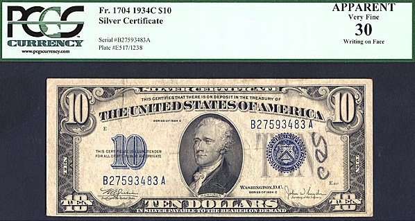 image for: 1934C $10  PCGS Apparent VF30  [B27593483A] (Fr.1704, Writing on Face)