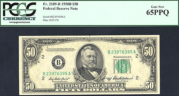 image for: 1950B $50  PCGS Gem CU65 PPQ [B23976395A] (Fr.2109B)