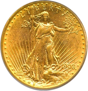 image for: 1908-D $20 PCGS MS64 (No Motto )