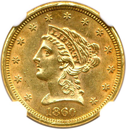 image for: 1860 $2 1/2 NGC AU58 (New Reverse)