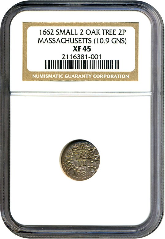 image for: 1662 Massachusetts Oak Tree 2 Pence NGC XF45 (Small 2, 10.9gr)