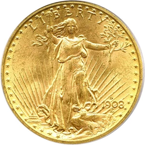image for: 1908-D $20 PCGS MS65 (No Motto)