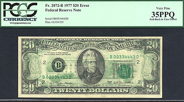 image for: Error: 1977 $20 PCGS VF35 PPQ (Fr. 2072B, Full Back to Face Offset)