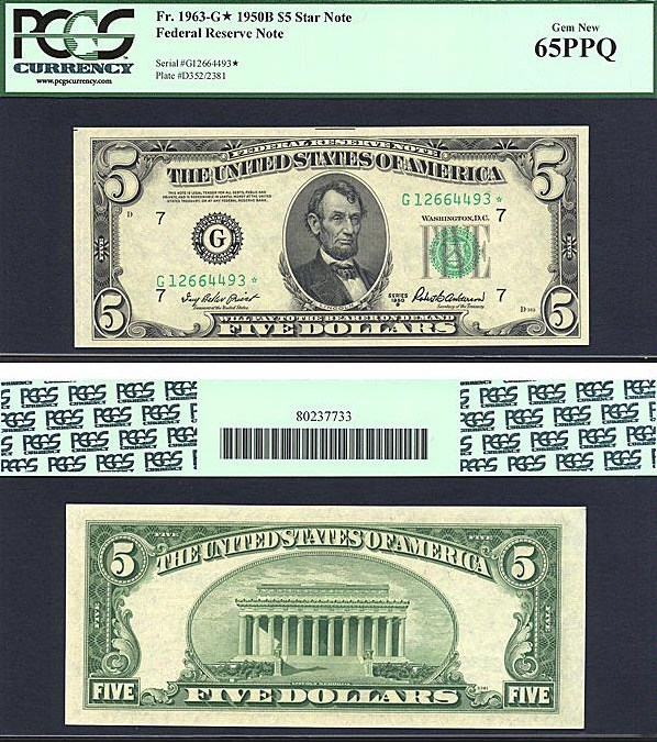 image for: 1950B $5 * Star * PCGS Gem CU65 PPQ (Fr.1963G)
