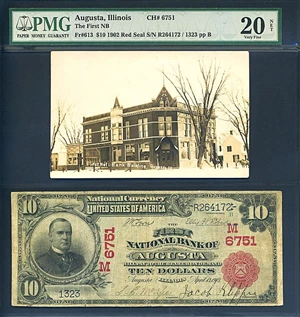 image for: 1902 $10 FNB of Augusta, IL PMG Net VF20 (Fr.613, Ch #6751, Red Seal, Tear Repairs)