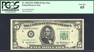 image for: 1950B $5 * Star * PCGS Gem CU65 (Fr.1963D)
