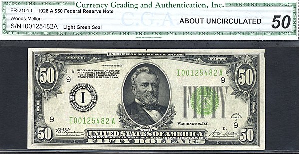 image for: Fr.2101I 1928A $50  CGA AU50  [I00125482A] (Light Green Seal)