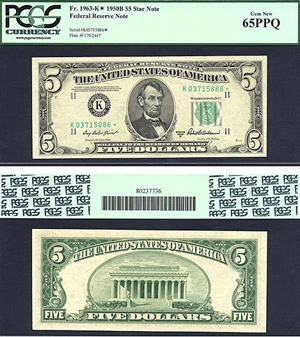 image for: 1950B $5 * Star * PCGS Gem CU65 PPQ (Fr.1963K)