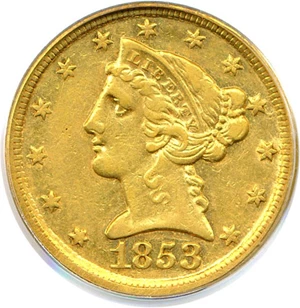 image for: 1853-D $5 PCGS XF40 OGH