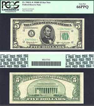 image for: 1950D * Star * $5 PCGS Gem CU66 PPQ (Fr.1965L)