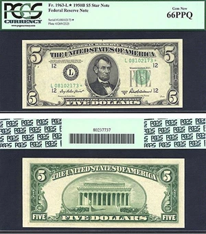 image for: 1950B $5 * Star * PCGS Gem CU66 PPQ (Fr.1963L)