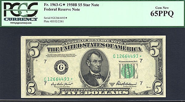 image for: 1950B $5 * Star * PCGS Gem CU65 PPQ (Fr.1963G)