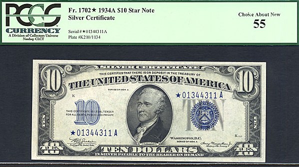 image for: 1934A * Star * $10 PCGS AU55 (Fr.1702)