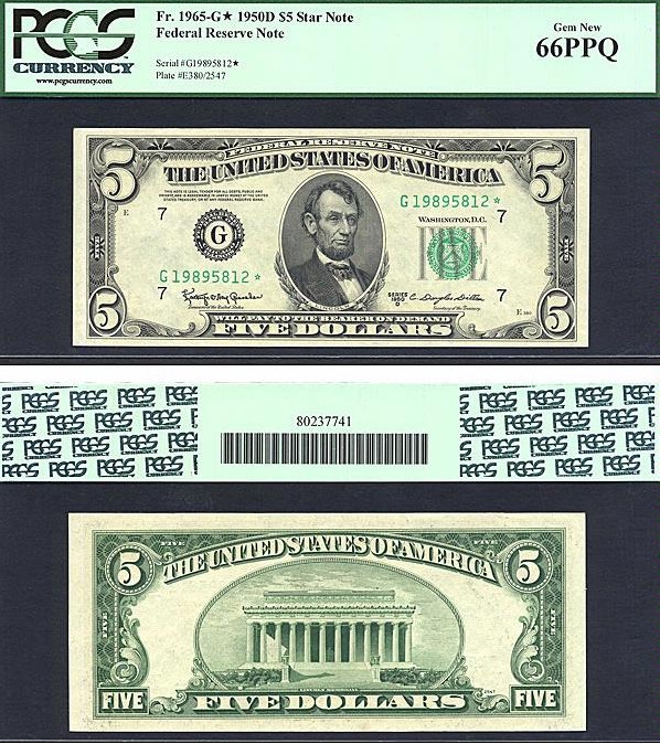 image for: 1950D $5 Dark Green Seal PCGS Gem CU66 PPQ  [G19895812] (Fr.1965G *Star*) 