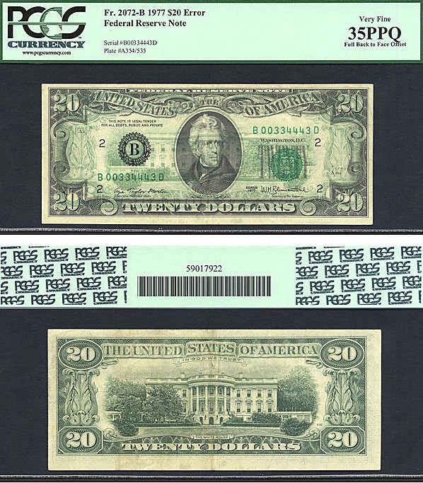 image for: Error: 1977 $20 PCGS VF35 PPQ (Fr. 2072B, Full Back to Face Offset)