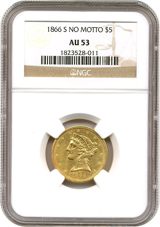image for: 1866-S No Motto $5 NGC AU53
