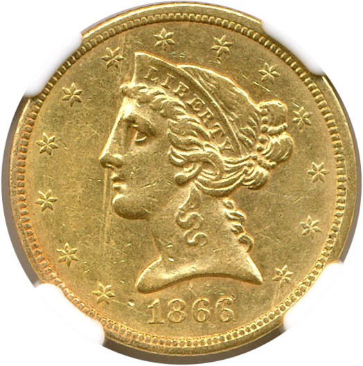 image for: 1866-S No Motto $5 NGC AU53