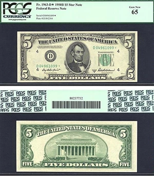 image for: 1950B $5 * Star * PCGS Gem CU65 (Fr.1963D)