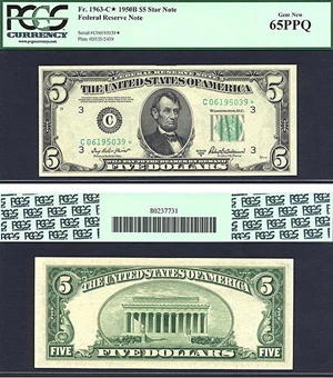 image for: 1950B $5 * Star * PCGS Gem CU65 PPQ (Fr.1963C, C Block)