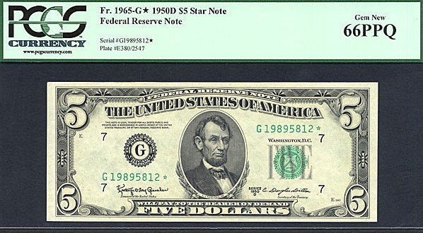 image for: 1950D $5 Dark Green Seal PCGS Gem CU66 PPQ  [G19895812] (Fr.1965G *Star*) 