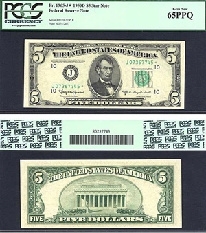 image for: 1950D * Star * $5 PCGS Gem CU65 PPQ (Fr.1965J)