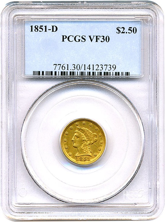 image for: 1851-D $2 1/2 PCGS VF30