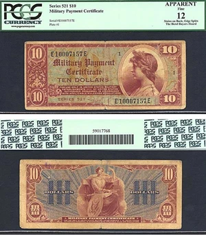 image for: Series 521 $10 Military Payment Certificate PCGS APPARENT Fine 12 (Stains on Back; Edge Splits)